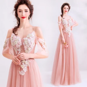 Elegant Pearl Pink Evening Dresses 2019 A Line Princess Spaghetti Straps Rhinestone Lace Flower Short Sleeve Backless Floor Length Long Formal Dresses