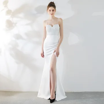 Charmant Ivoire Robe De Soirée 2019 Trompette Sirène Bretelles Spaghetti Faux Diamant Sans Manches Dos Nu Fendue Devant Longue Robe De Ceremonie