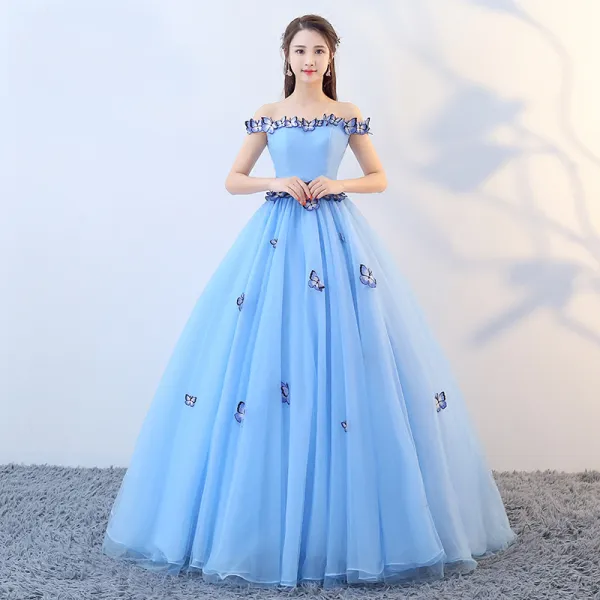 Charming Sky Blue Evening Dresses 2019 A-Line / Princess Spaghetti Straps Butterfly  Appliques Sleeveless Backless Floor