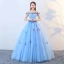 Chic / Beautiful Pool Blue Prom Dresses 2019 A-Line / Princess Off-The-Shoulder Lace Butterfly Sleeveless Backless Floor-Length / Long Formal Dresses