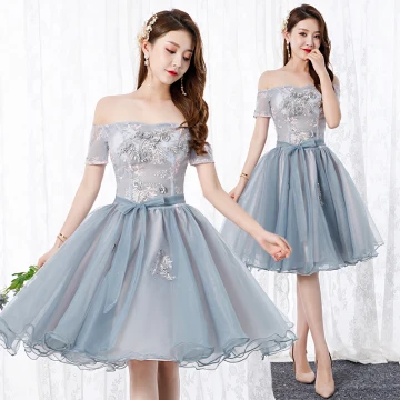Chic Beautiful Silver Cocktail Dresses 2019 A Line Princess Off The Shoulder Bow Pearl Lace Flower Short Sleeve Backless Short Formal Dresses