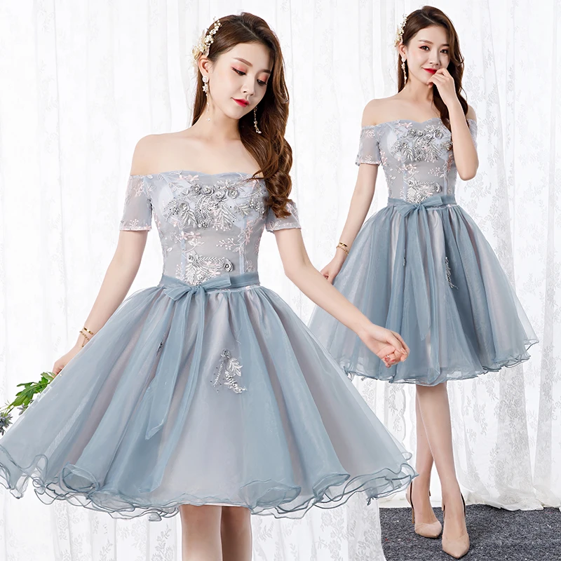 Chic Beautiful Silver Cocktail Dresses 2019 A Line Princess Off The  Shoulder Bow Pearl Lace Flower Short Sleeve Backless Short Formal Dresses