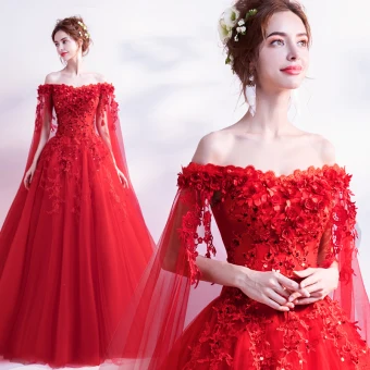 Affordable Red Wedding Dresses 2019 A Line Princess Off The Shoulder Beading Sequins Appliques Lace Flower Short Sleeve Backless Watteau Train