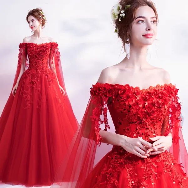 Niedrogie Czerwone Suknie Ślubne 2019 Princessa Przy Ramieniu Frezowanie Cekiny Aplikacje Z Koronki Kwiat Kótkie Rękawy Bez Pleców Trenem Watteau