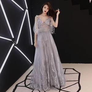 Elegant Grey Evening Dresses 2019 A Line Princess V Neck Bow Lace Flower 1 2 Sleeves Backless Floor Length Long Formal Dresses