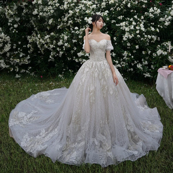 High-end Champagne Wedding Dresses 2019 A-Line / Princess Off-The-Shoulder Beading Lace Flower Short Sleeve Backless Cathedral Train