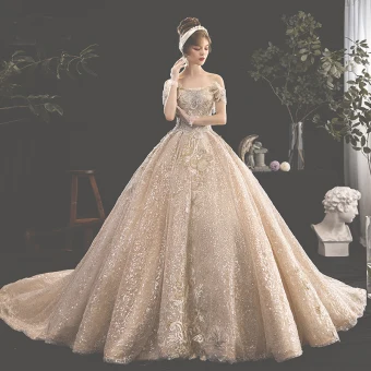 Luxury Gorgeous Champagne Wedding Dresses 2019 Ball Gown Off The Shoulder Beading Tassel Pearl Crystal Lace Flower Rhinestone Sequins Short Sleeve Backless Cathedral Train
