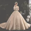 Luxury / Gorgeous Champagne Wedding Dresses 2019 Ball Gown Off-The-Shoulder Beading Tassel Pearl Crystal Lace Flower Rhinestone Sequins Short Sleeve Backless Cathedral Train