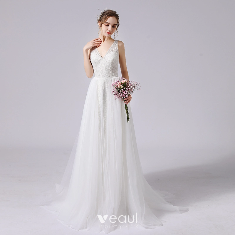 Elegant Ivory Glitter Wedding Dresses 2021 A-Line / Princess Beading V-Neck Sleeveless Backless Sweep Train Wedding Elegant Ivory Glitter Wedding Dresses 2021 A-Line / Princess Beading V-Neck Sleeveless Backless Sweep Train Wedding
