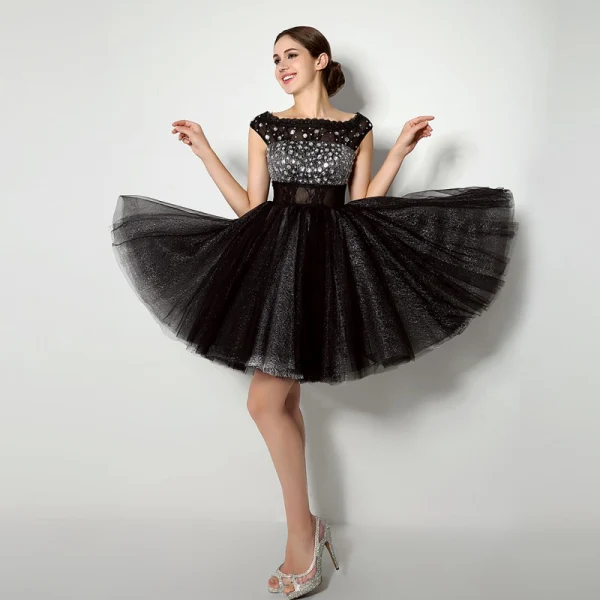 Chic / Beautiful Black Cocktail Dresses 2018 Ball Gown Crystal Sequins Lace Square Neckline Sleeveless Short Formal Dresses