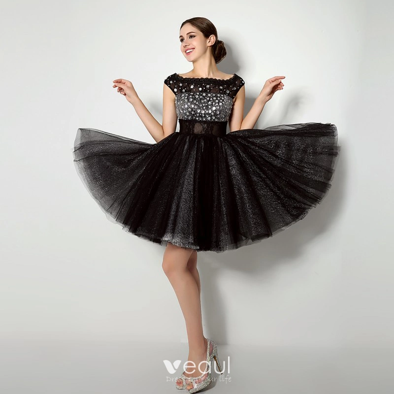 Veaul Chic Beautiful Black Cocktail Dresses 2018 Ball Gown Crystal Sequins Lace Square Short