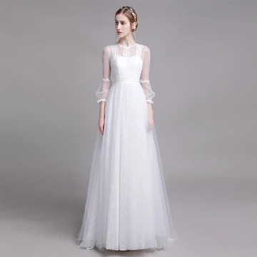 Modest Simple White Beach Wedding Dresses 2019 A Line Princess Scoop Neck Pearl Lace Flower 3 4 Sleeve Floor Length Long