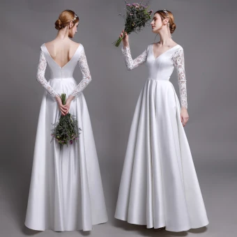 Classic White Beach Wedding Dresses 2019 A Line Princess V Neck Lace Flower Long Sleeve Backless Floor Length Long