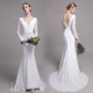 Charming Solid Color White Beach Wedding Dresses 2019 Trumpet Mermaid V Neck Pearl Lace Flower Sash Long Sleeve Backless Sweep Train