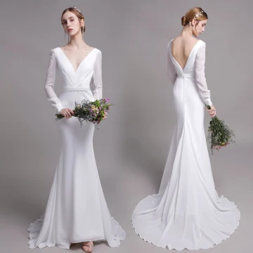 Charming Solid Color White Beach Wedding Dresses 2019 Trumpet Mermaid V Neck Pearl Lace Flower Sash Long Sleeve Backless Sweep Train