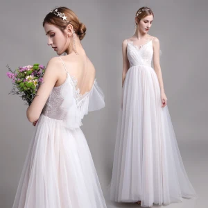 Chic Belle Champagne Plage Robe De Mariée 2019 Princesse Bretelles Spaghetti En Dentelle Fleur Sans Manches Dos Nu Train De Balayage