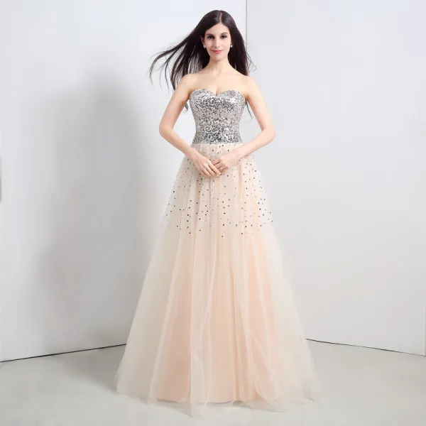 Sparkly Champagne Ballkjoler 2018 Prinsesse Beading Paljetter Krystall Kjæreste Ryggløse Uten Ermer Lange Formelle Kjoler