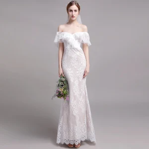 Chic Belle Champagne Plage Robe De Mariée 2019 Trompette Sirène De L 039 Épaule En Dentelle Fleur Manches Courtes Dos Nu Train De Balayage