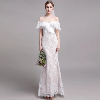 Chic Beautiful Champagne Beach Wedding Dresses 2019 Trumpet Mermaid Off The Shoulder Lace Flower Short Sleeve Backless Sweep Train