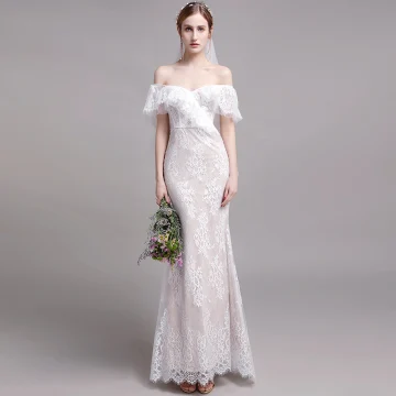 Chic Beautiful Champagne Beach Wedding Dresses 2019 Trumpet Mermaid Off The Shoulder Lace Flower Short Sleeve Backless Sweep Train