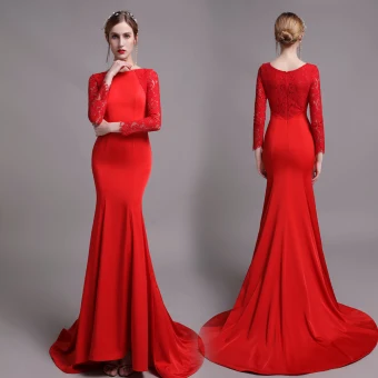 Chic Couleur Unie Rouge Robe De Soirée 2019 Trompette Sirène Encolure Dégagée En Dentelle Fleur Manches Longues Train De Balayage Robe De Ceremonie