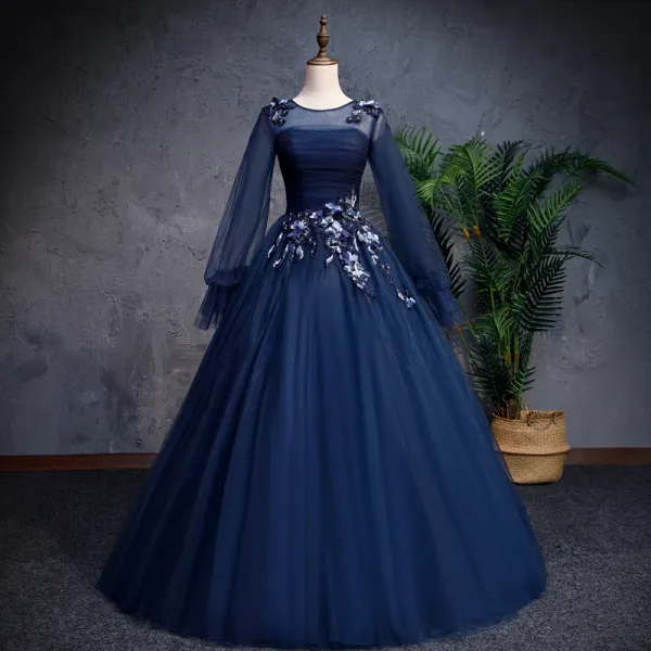 Vintage / Retro Navy Blue Prom Dresses 2019 A-Line / Princess Scoop Neck Beading Appliques Lace Flower Long Sleeve Backless Floor-Length / Long Formal Dresses