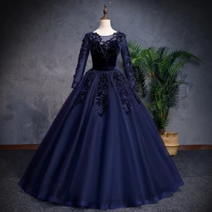 Chic Belle Bleu Marine Robe De Bal 2019 Princesse Encolure Dégagée Perlage Perle Daim Fleur Paillettes Manches Longues Longue Robe De Ceremonie