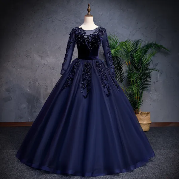 Chic Beautiful Navy Blue Prom Dresses 2019 A Line Princess Scoop Neck Beading Pearl Suede Flower