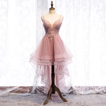 Chic Belle Perle Rose Robe De Cocktail 2019 Princesse Bretelles Spaghetti Perlage Paillettes En Dentelle Fleur Sans Manches Dos Nu Asymétrique Robe De Ceremonie