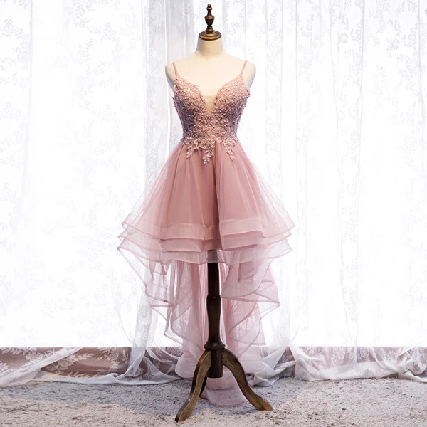 Chic / Belle Perle Rose Robe De Cocktail 2019 Princesse Bretelles Spaghetti Perlage Paillettes En Dentelle Fleur Sans Manches Dos Nu Asymétrique Robe De Ceremonie