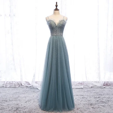 Chic Beautiful Green Evening Dresses 2019 A Line Princess Ruffle Spaghetti Straps Beading Pearl Sequins Sleeveless Backless Floor Length Long Formal Dresses