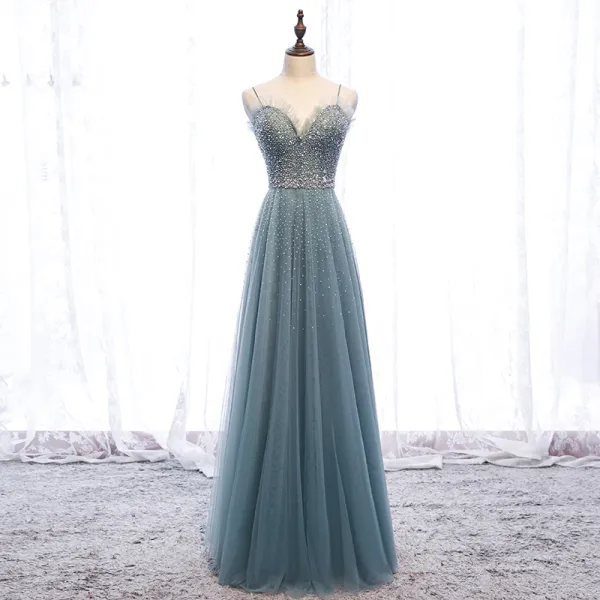 Chic / Beautiful Green Evening Dresses  2019 A-Line / Princess Ruffle Spaghetti Straps Beading Pearl Sequins Sleeveless Backless Floor-Length / Long Formal Dresses