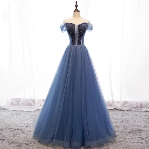 Chic Océan Bleu Robe De Soirée 2019 Princesse De L Épaule Perlage Cristal Sans Manches Dos Nu Train De Balayage Robe De Ceremonie