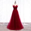 Chic / Beautiful Burgundy Evening Dresses  2019 A-Line / Princess Spaghetti Straps Beading Lace Flower Appliques Sleeveless Backless Floor-Length / Long Formal Dresses