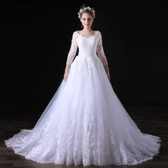 Chic Belle Blanche Robe De Mariée 2018 Princesse En Dentelle Fleur V Cou Manches Longues Chapel Train Mariage