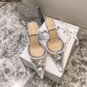 Transparent Sexy Silver Pearl Rhinestone Wedding Shoes 2021 9 Cm Stiletto Heels Pointed Toe Wedding Sandals High Heels