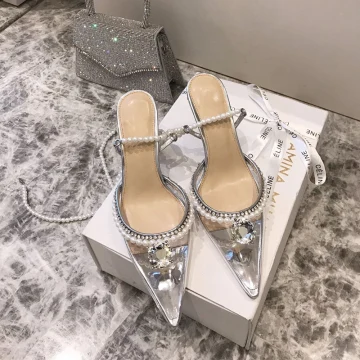 Transparent Sexy Silver Pearl Rhinestone Wedding Shoes 2021 9 Cm Stiletto Heels Pointed Toe Wedding Sandals High Heels