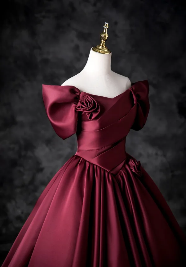 Elegant Burgundy Ball Gown Prom Dresses 2025 Off-The-Shoulder Short Sleeve Backless Floor-Length / Long Prom Formal Dresses