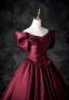 Elegant Burgundy Ball Gown Prom Dresses 2025 Off-The-Shoulder Short Sleeve Backless Floor-Length / Long Prom Formal Dresses
