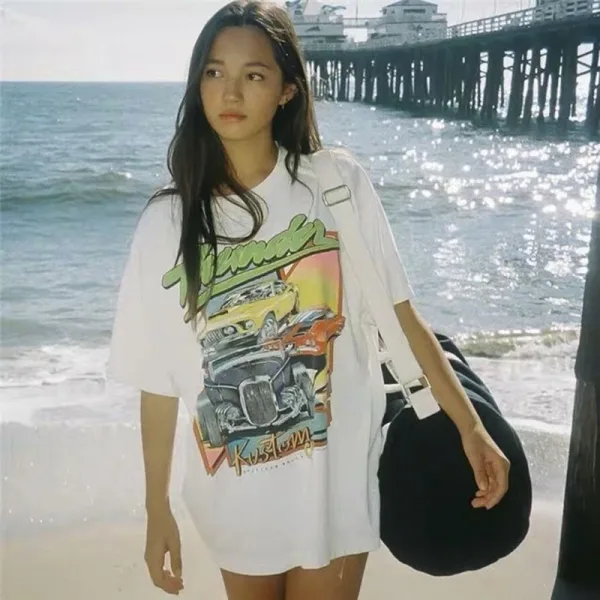 Vintage / Retro Summer White Casual Cotton Cartoon Printing T-Shirts 2021 Scoop Neck Short Sleeve Loose Women's Tops T-shirt