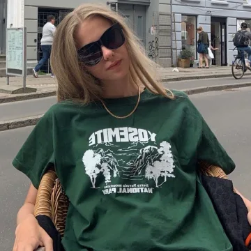 Fashion Dark Green Summer Casual Letter Graphic Printing Cotton Loose T Shirts 2021 Scoop Neck Short Sleeve Women S Tops T Shirt