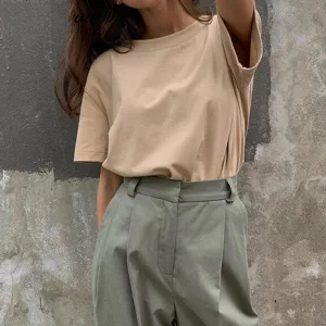 Casual Sommar Enfärgad Kaki Toppar T Shirts 2021 Bomull Urringning Korta Ärm Damtoppar T Shirt