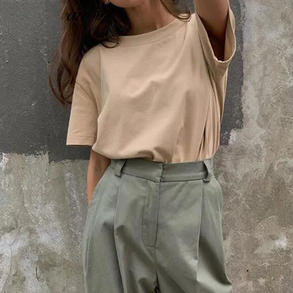 Casual Summer Solid Color Khaki Tops T-Shirts 2021 Cotton Scoop Neck Short Sleeve Women's Tops T-shirt