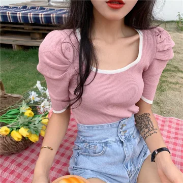 Vintage Retro Summer Blushing Pink Knitting Tight T Shirts 2021 U Neck Short Sleeve Women S Tops T Shirt