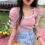 Vintage / Retro Summer Blushing Pink Knitting Tight  T-Shirts 2021 U-Neck Short Sleeve Women's Tops T-shirt