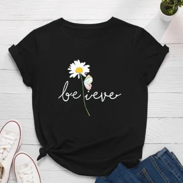 Casual Sommar Svarta Daisy Toppar Utskrift T Shirts 2021 Bomull Lösa Urringning Korta Ärm Damtoppar T Shirt
