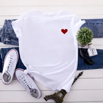 Summer Casual White Heart Shaped Printing Loose T Shirts 2021 Cotton Scoop Neck Short Sleeve Women S Tops T Shirt