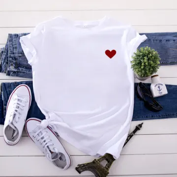 Été Désinvolte Blanche Forme De Coeur Impression Ample T Shirts 2021 Coton Encolure Dégagée Manches Courtes Hauts Pour Femmes T Shirt