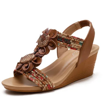 Mode Marron Désinvolte T Strap Fleur Sandales Femme 2021 5 Cm Compensées Peep Toes Bout Ouvert Sandales Talons Hauts