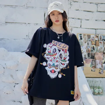 Chinese Stijl Zomer Zwarte Los Toevallig Spotprent Het Drukken T Shirts 2021 Katoen Ronde Hals Korte Mouwen Dames Topjes T Shirt